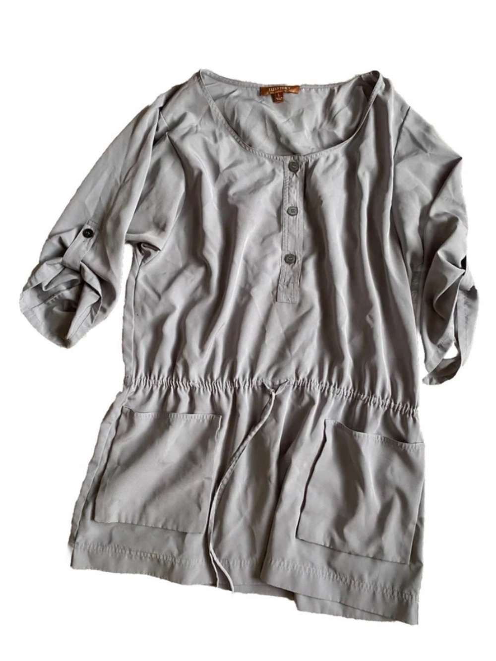 Ellen Tracy Blouse Top Grey Drawstring Waist Pocketed Peasant Size Large